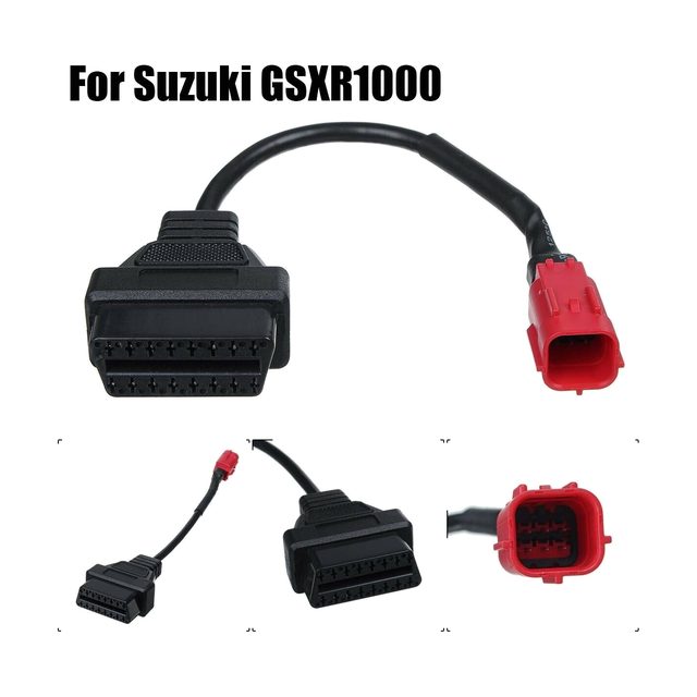 Trumpas Suzuki motociklo adapterio kabelis su raudona 6 kontaktų jungtimi ir juoda 16 kontaktų OBD2 jungtimi