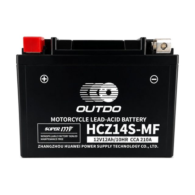 OUTDO HCZ14S-MF, YTZ14S motociklo akumuliatorius iš priekio su abiem gnybtais