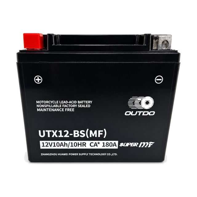 OUTDO UTX12-BS, YTX12-BS motociklo akumuliatorius iš priekio su abiem gnybtais