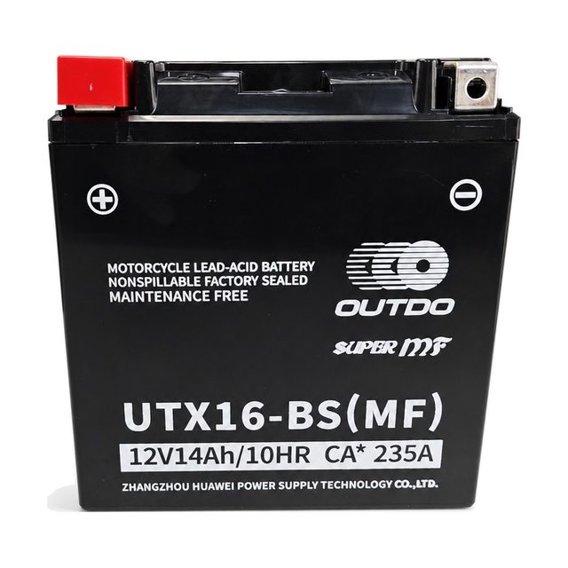 OUTDO UTX16-BS, YTX16-BS motociklo akumuliatorius iš priekio su abiem gnybtais