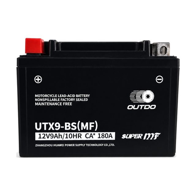 OUTDO UTX9-BS, YTX9-BS motociklo akumuliatorius iš priekio su abiem gnybtais
