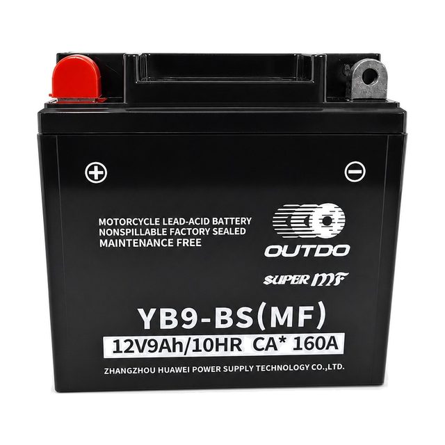 OUTDO YB9-BS, YB9-B motociklo akumuliatorius iš priekio su abiem gnybtais
