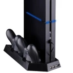 4 viename PS4 vertikalus stovas su ventiliatoriumi, USB šakotuvu ir 2 valdiklių įkrovikliu