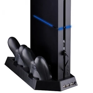 4 viename PS4 vertikalus stovas su ventiliatoriumi, USB šakotuvu ir 2 valdiklių įkrovikliu