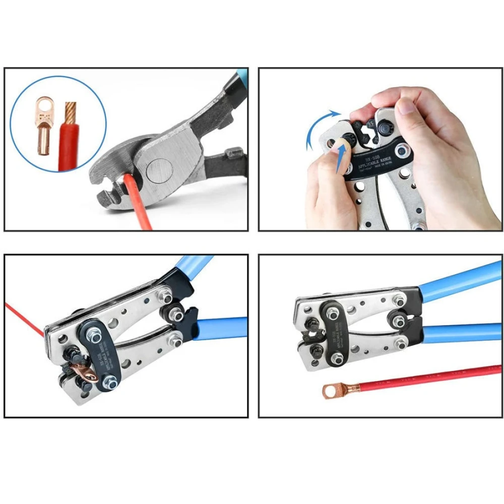 Užspaudimo replės 6-50mm² su neslystančiomis rankenomis ir reguliuojamu sukimu