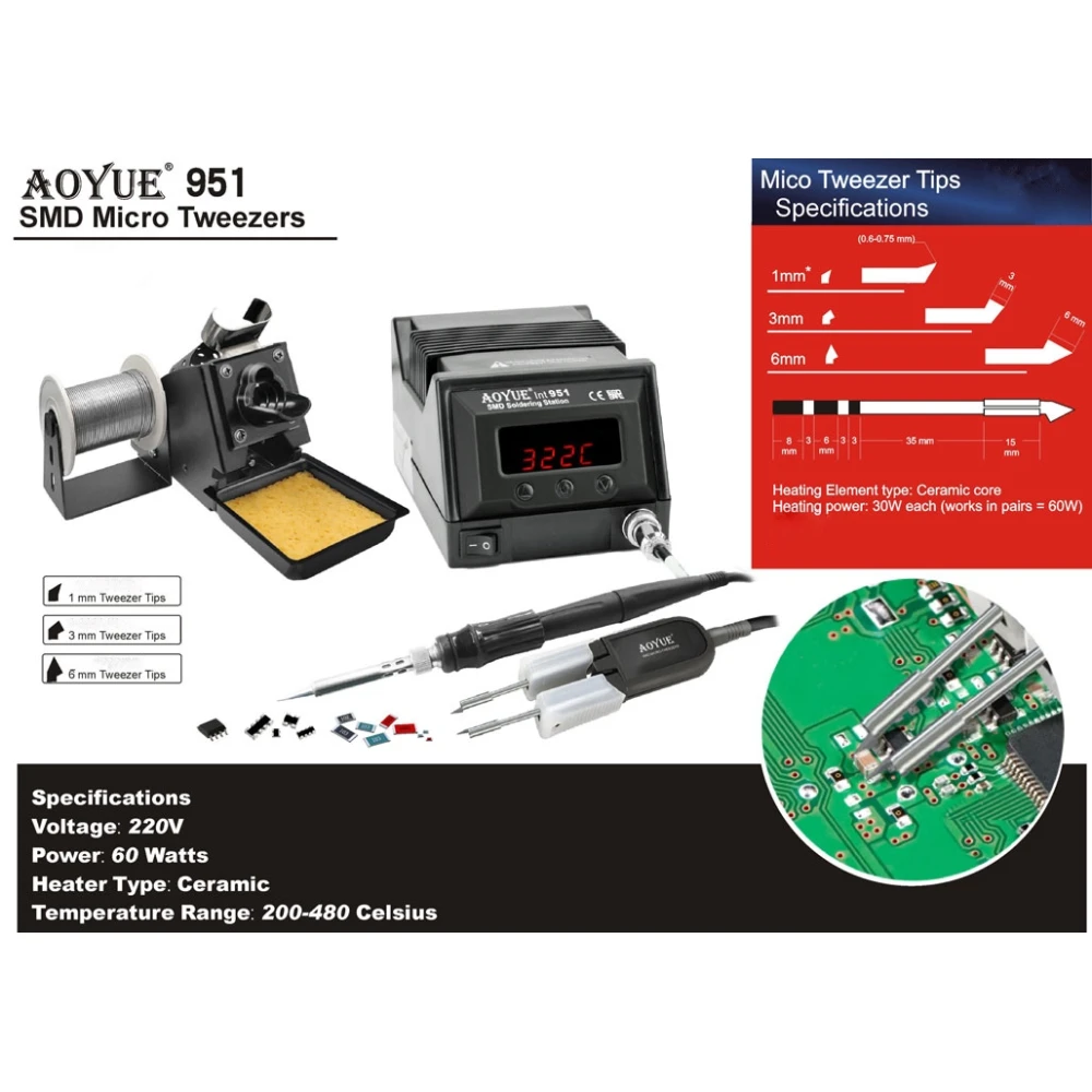 Vista frontal de la estación de soldadura Aoyue 951 SMD con pantalla digital
