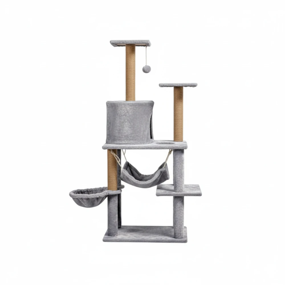 Kačių draskyklė 125 cm su hamaku, urvu ir sizalio stulpais