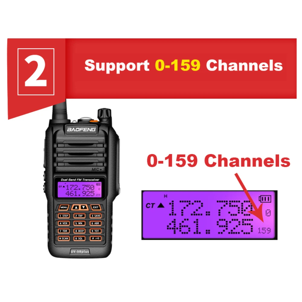 Walkie talkie Baofeng UV9R Plus con función VOX y luz trasera automática