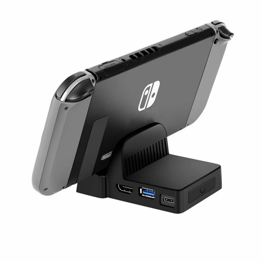 Vista lateral del mini dock portátil para Nintendo Switch con diseño ligero