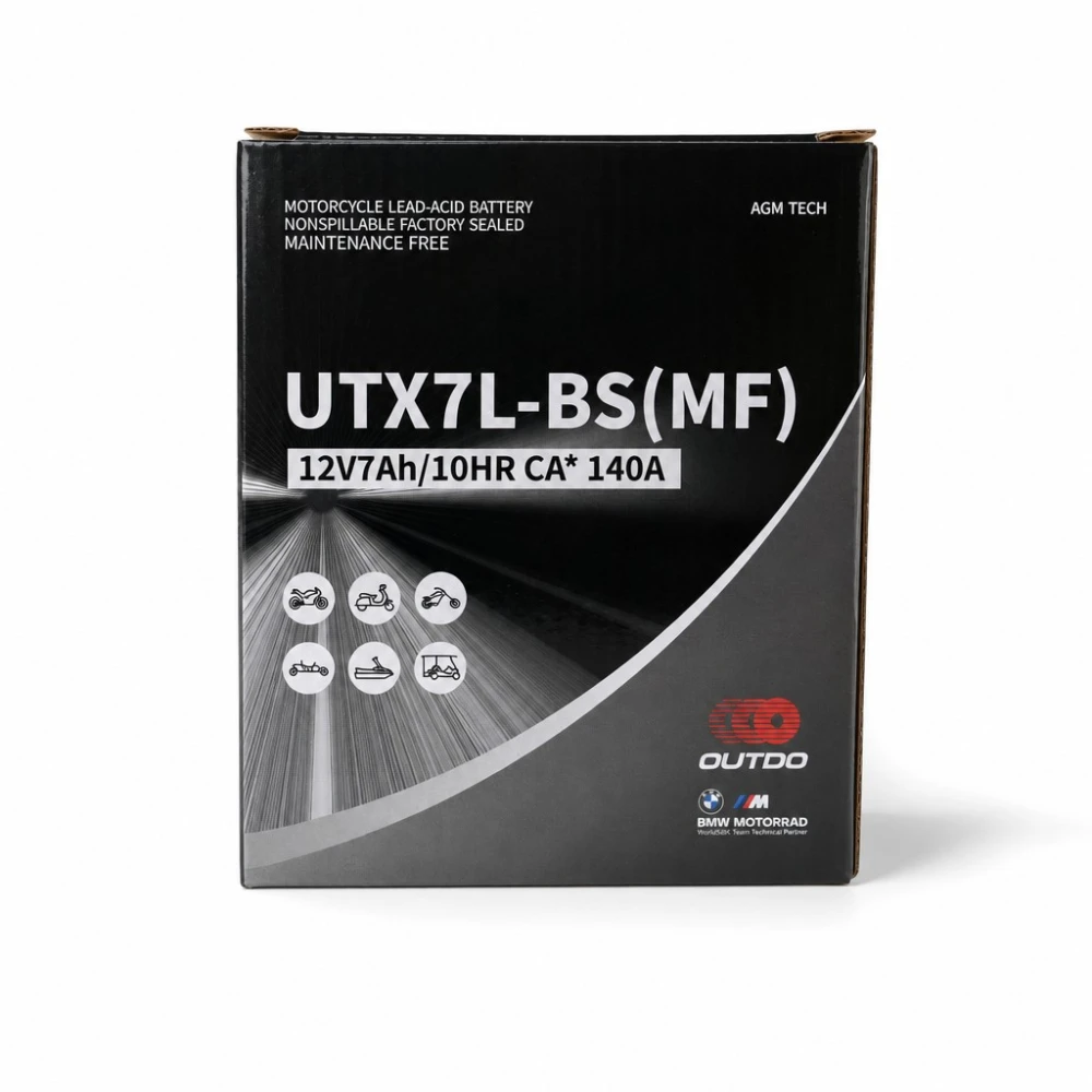 Moto Akumuliatorius AGM 12V 7Ah OUTDO UTX7L-BS(MF) - Suderinamas su Yuasa YTX7L-BS / GTX7L-BS / ETX7L-BS