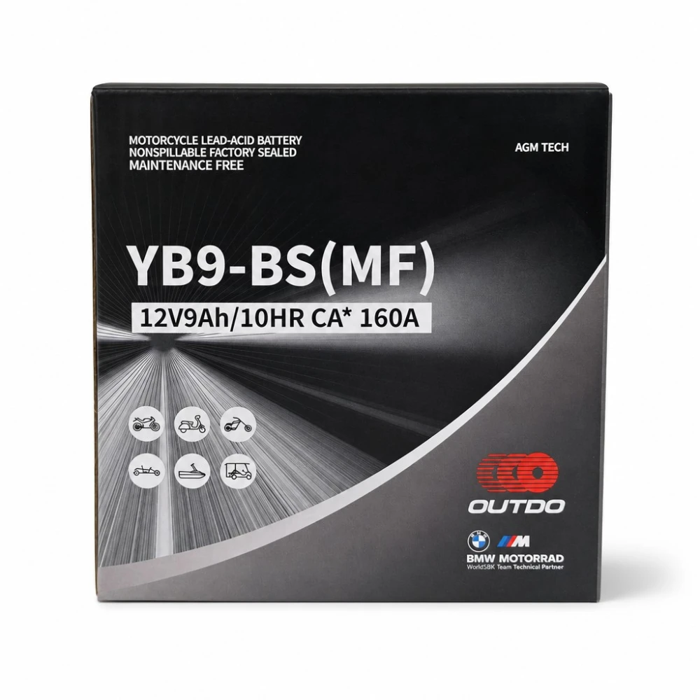 Moto Akumuliatorius AGM 12V 9Ah OUTDO YB9-BS(MF) - Suderinamas su Yuasa YB9-B / GS GM9Z-3B-1 / GS YB9-B / 12N9-4B-1 (flooded)