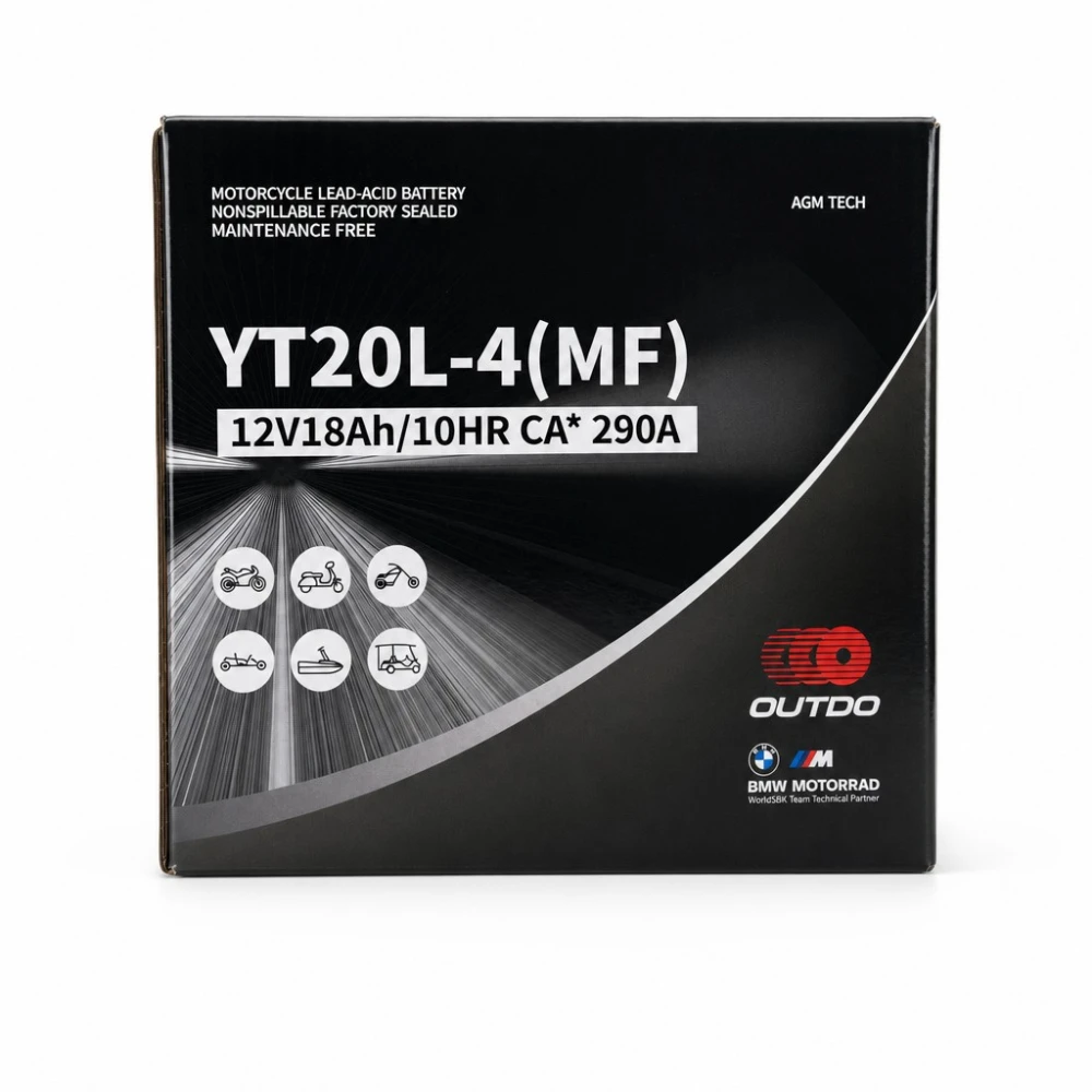 Motociklo Akumuliatorius AGM 12V 18Ah OUTDO YT20L-4(MF) - Suderinamas su Yuasa YTX20L-BS / GTX20L-BS / ETX20L-BS / Y50-N18L-A