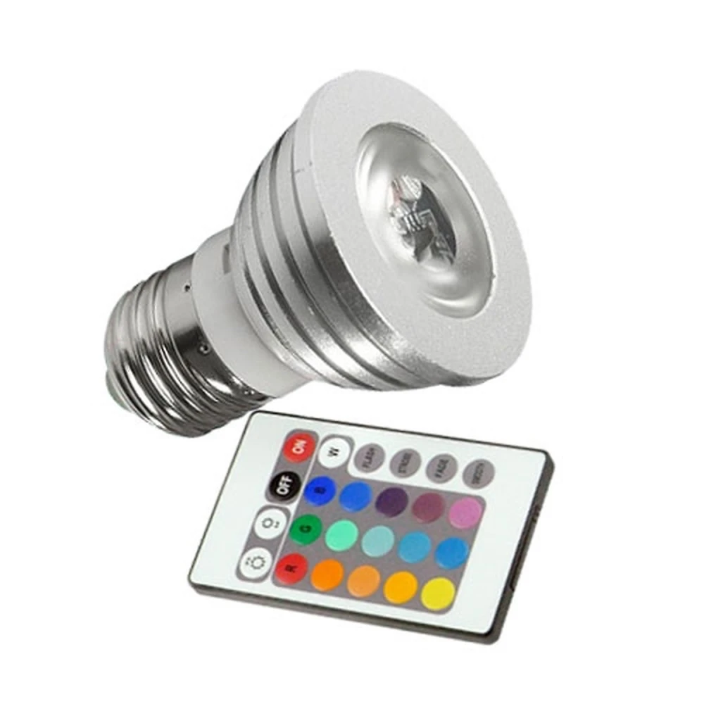 RGB LED lemputė E27 3W su pulteliu universaliam apšvietimui