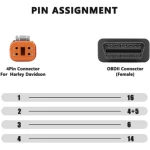 Vista del conector macho de 4 pines del cable adaptador Harley Davidson