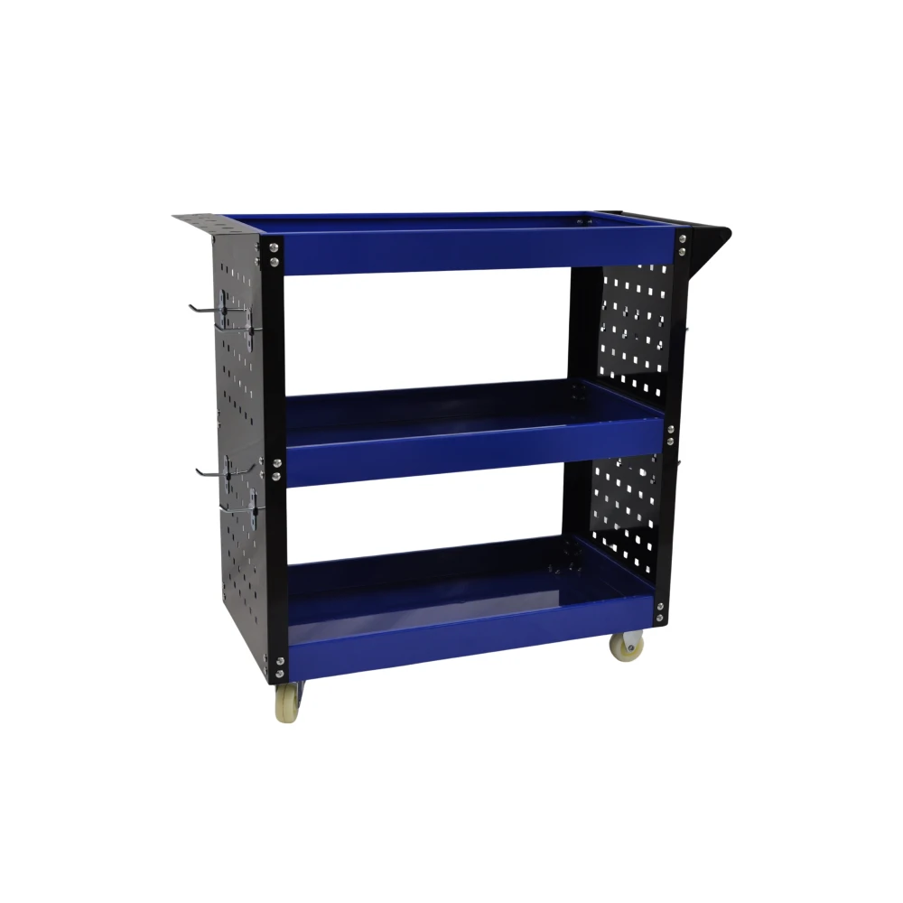Profesionalus dirbtuvių vežimėlis 3 lentynos su šoninėmis padėklomis ir kabliais dirbtuvių tvarkai