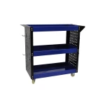 Profesionalus dirbtuvių vežimėlis 3 lentynos su šoninėmis padėklomis ir kabliais dirbtuvių tvarkai
