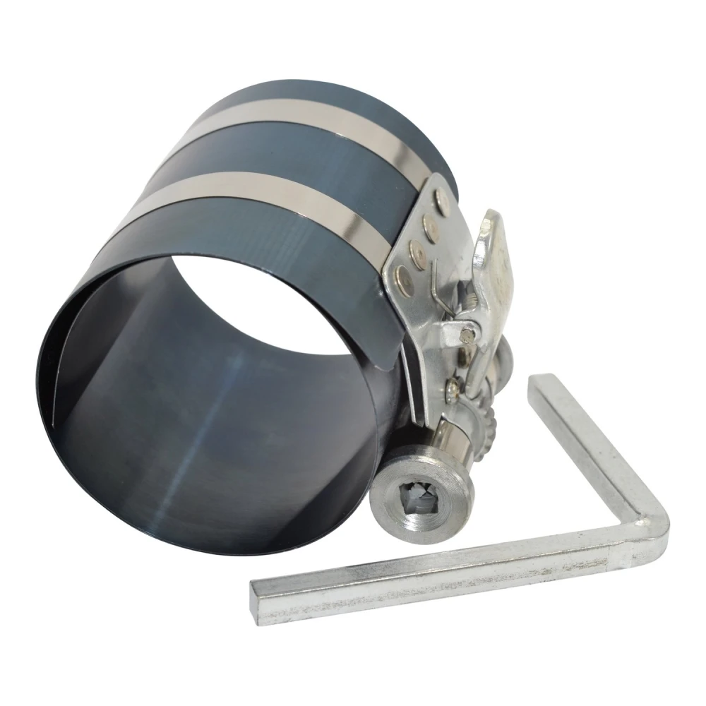 Ceñidor compresor de segmentos con sistema de carraca para aros de pistón