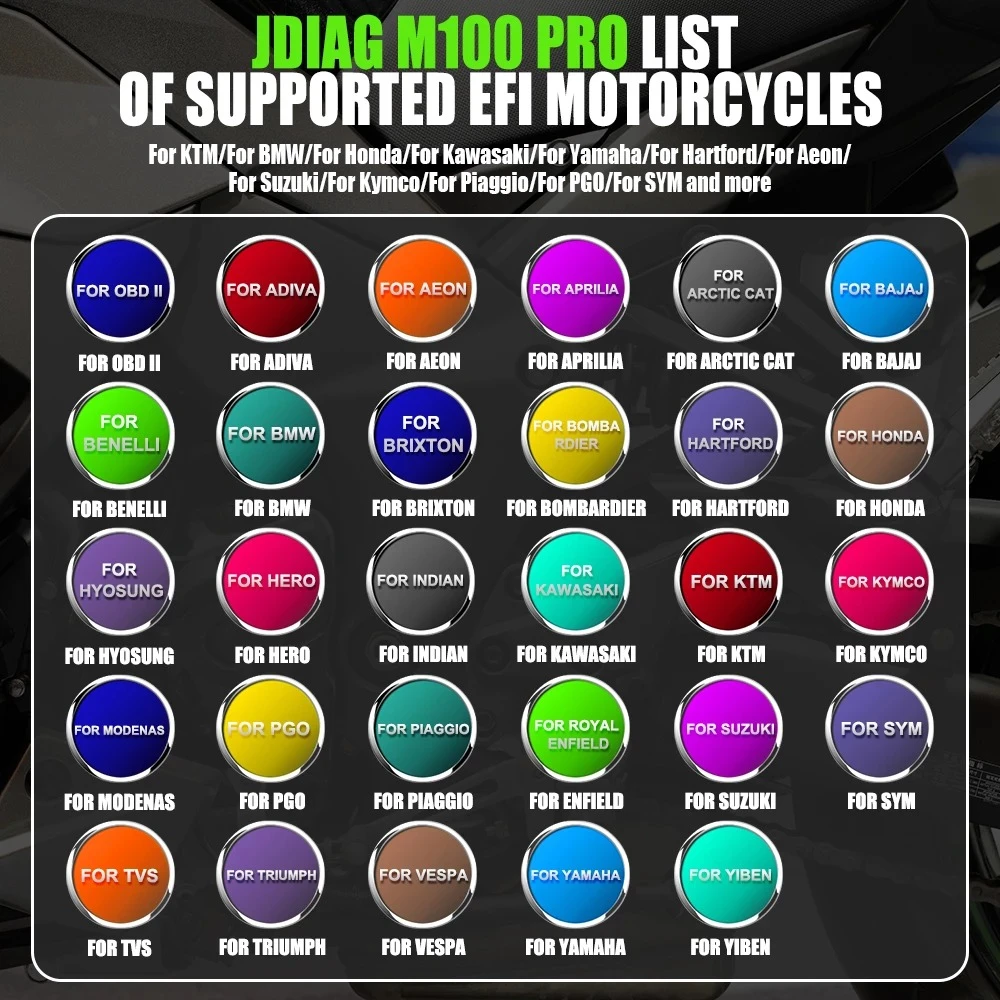 JDiag M100 Pro motociklo diagnostikos skeneris OBD KTM Honda Yamaha Kawasaki BMW remontui