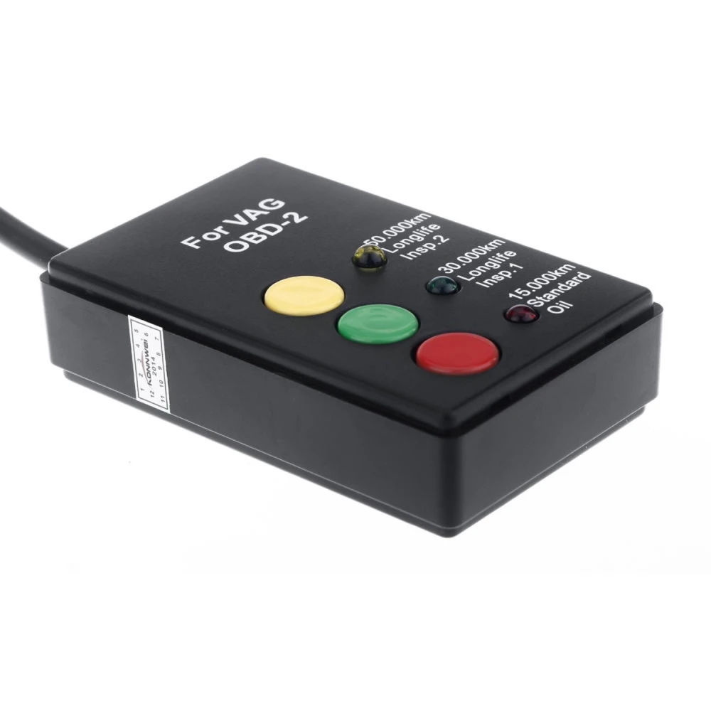 Vista frontal de la herramienta reset servicio aceite para coches VW Audi Seat Skoda Ford