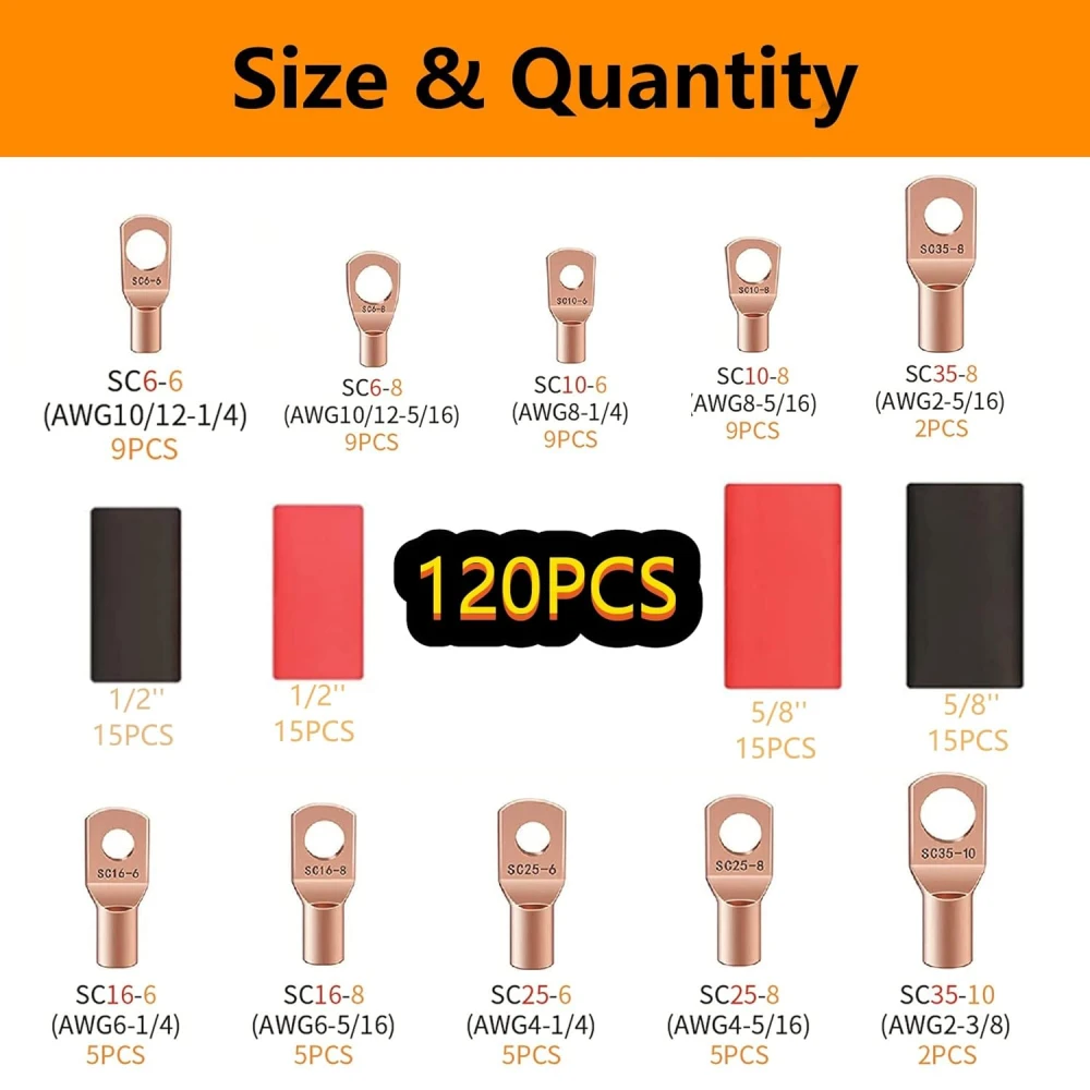 Terminales de cobre tipo SC en varios tamaños para conexiones eléctricas seguras
