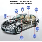 Pantalla del escaner Konnwei KW450 mostrando códigos de diagnóstico en vehículo VAG