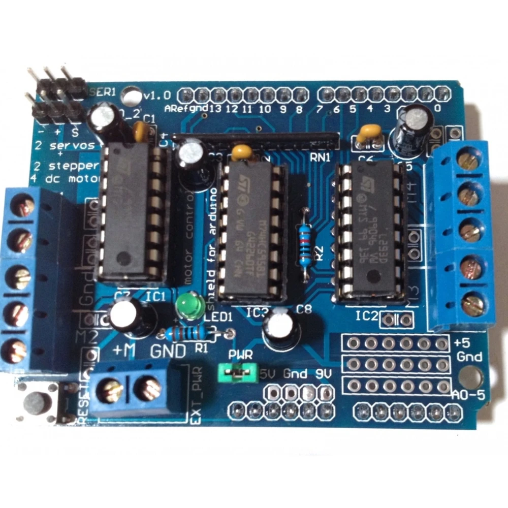 L293D Arduino Shield tvarkyklė DC ir stepper variklių valdymui