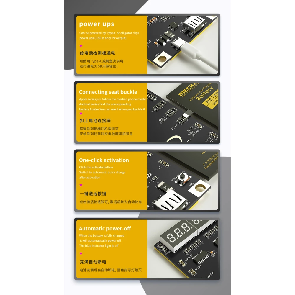 Detalle de conexiones de la placa Mechanic BA27 para activación de batería