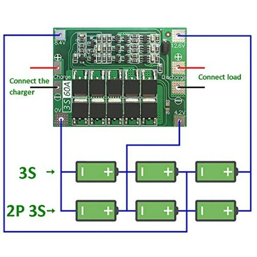 Detalle de conexiones de placa de protección PCB 3S 60A batería litio