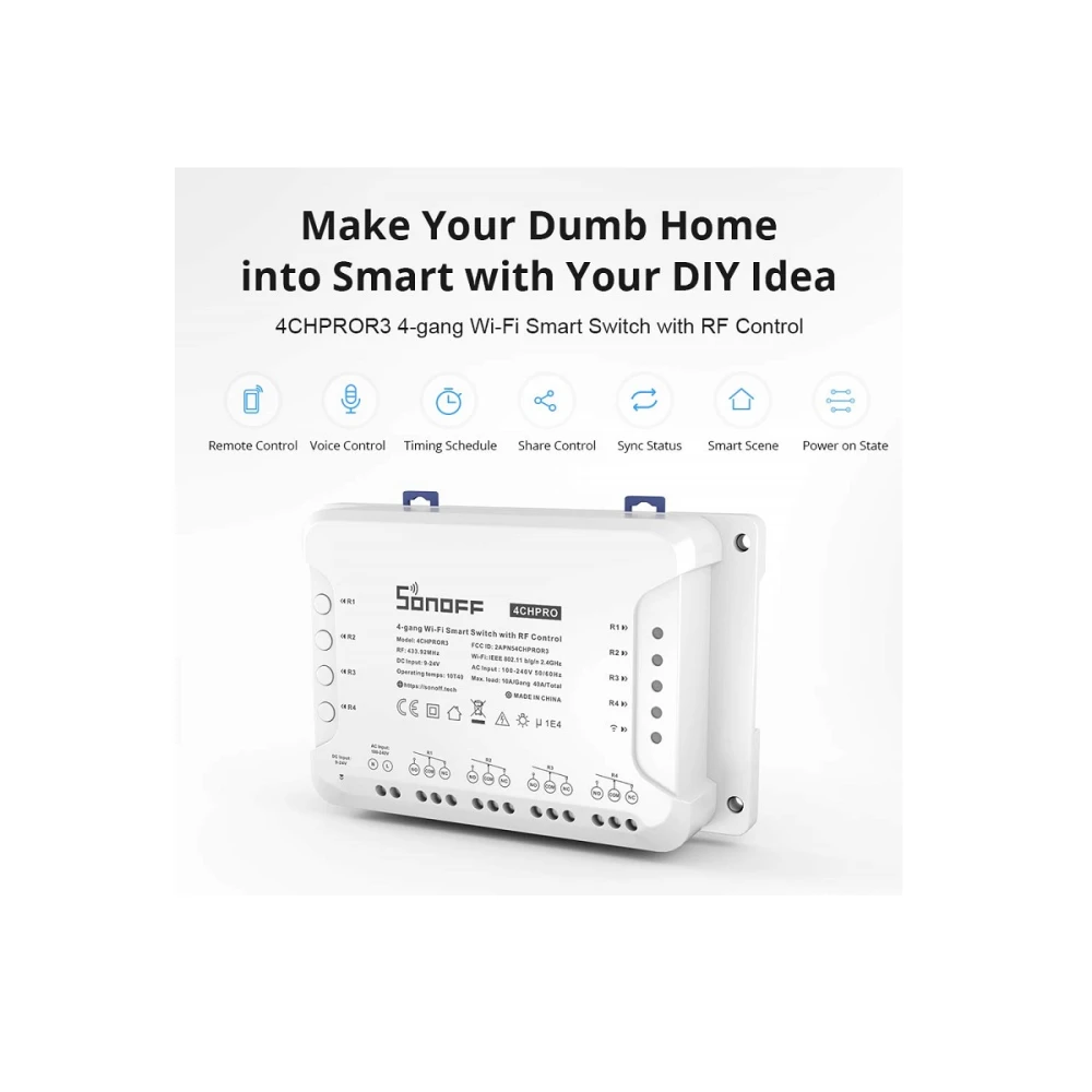 Sonoff 4CH Pro R3 WiFi jungiklis 4 kanalų domotikai, suderinamas su Alexa ir Google Home