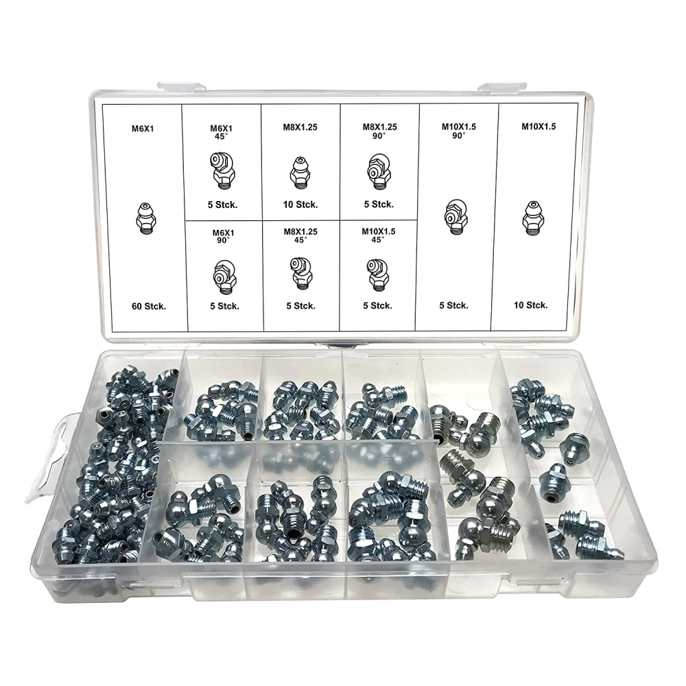 Metrinių hidraulinių tepimo antgalių rinkinys M6, M8 ir M10 – 110 vnt.