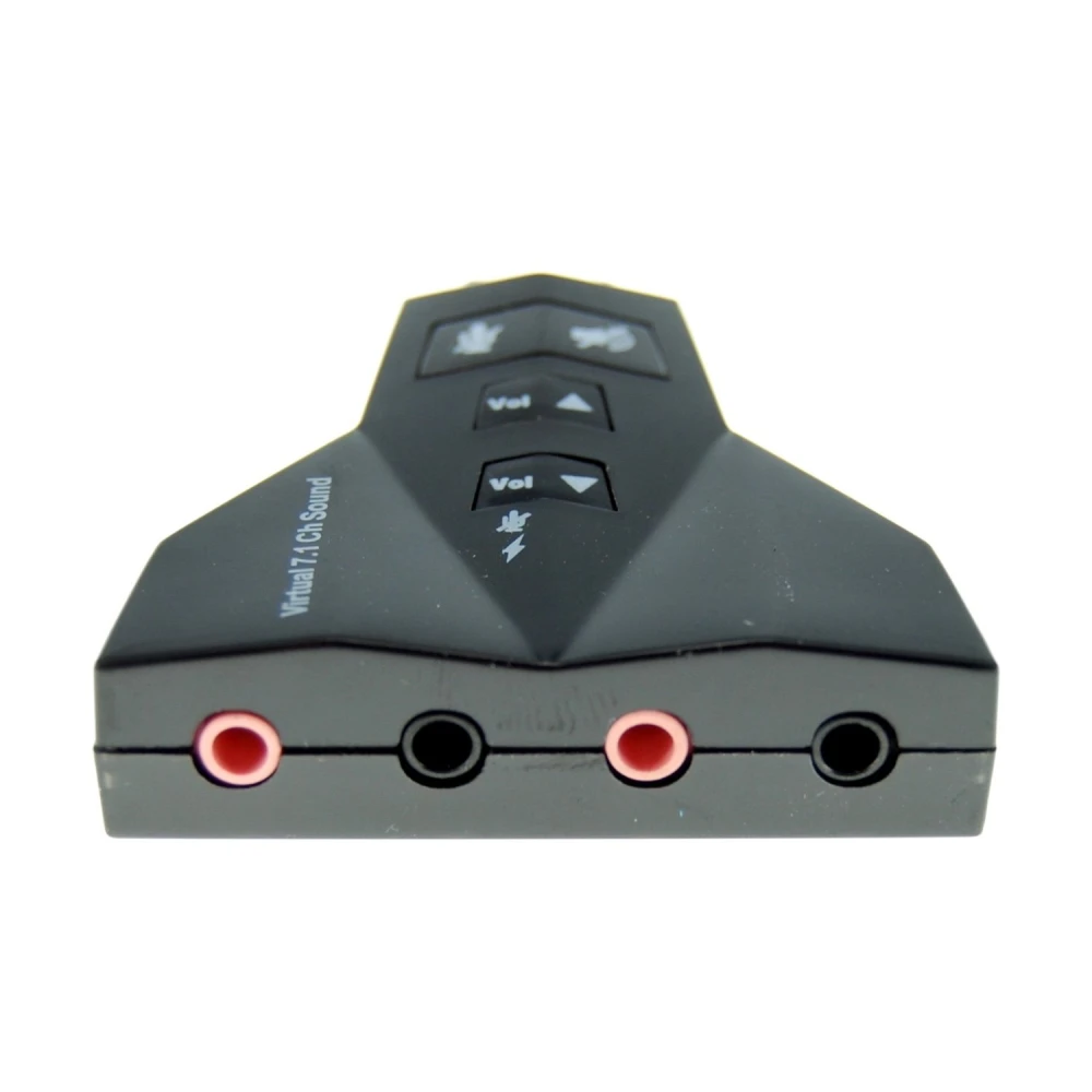 Detalle de botones de función para volumen y silencio en tarjeta de sonido USB dual