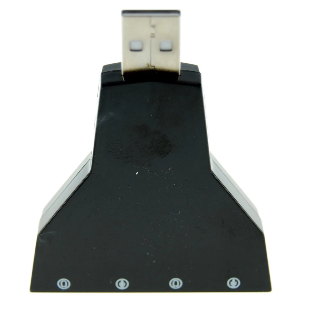 Vista lateral de tarjeta de sonido USB dual con puertos de audio